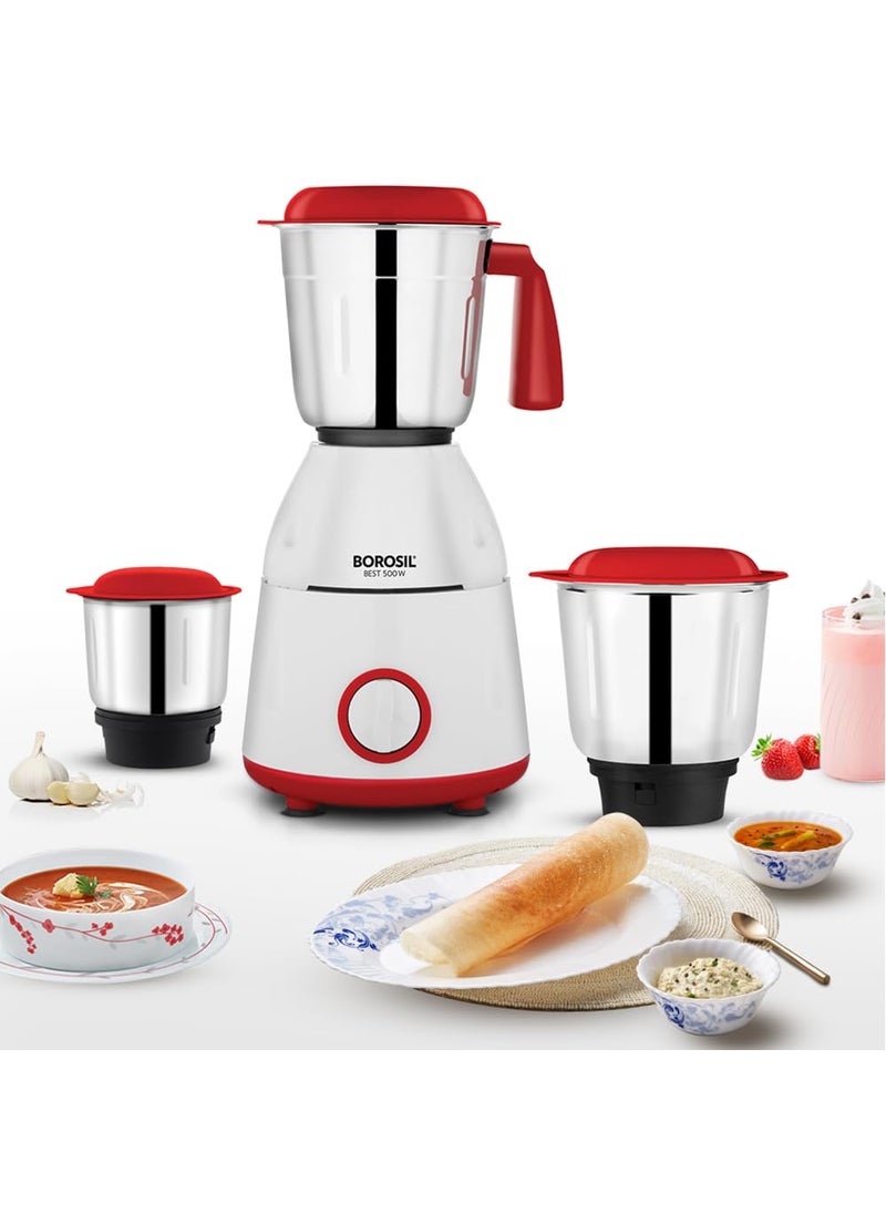 BOROSIL Borosil Best Mixer Grinder For WetDry Mixing Grinding 500 Watts 3 Jars 400 ml Chutney Jar 15 L Blending Jar 1 L Grinding Jar Mixie For Kitchen  - Image 1