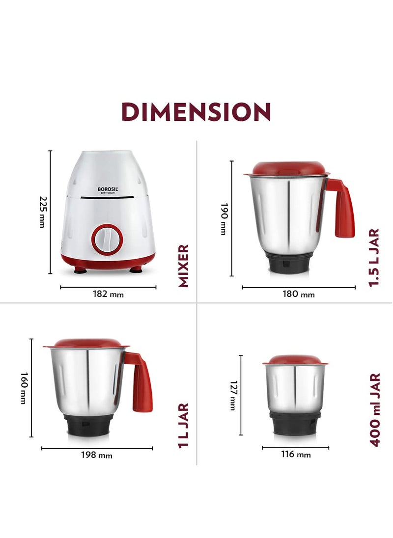 BOROSIL Borosil Best Mixer Grinder For WetDry Mixing Grinding 500 Watts 3 Jars 400 ml Chutney Jar 15 L Blending Jar 1 L Grinding Jar Mixie For Kitchen  - Image 3