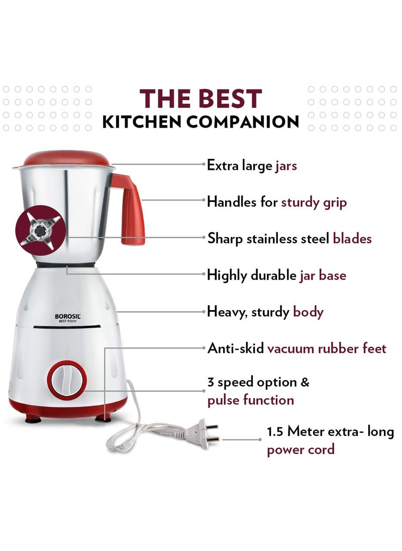 BOROSIL Borosil Best Mixer Grinder For WetDry Mixing Grinding 500 Watts 3 Jars 400 ml Chutney Jar 15 L Blending Jar 1 L Grinding Jar Mixie For Kitchen  - Image 2