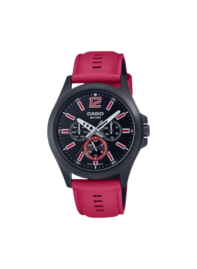 كاسيو ج  ساعة يد تناظرية متعددة الوظائف للرجال من كاسيو – قرص أسود، سوار جلدي أحمر، عدّادات لليوم والتاريخ ووقت 24 ساعة، تصميم كلاسيكي عصري - Image 1