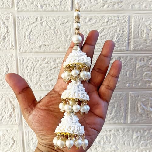 Adikala Craft Store Ethnic Nalki Cone Latkan Tassel Pack of 2 for Saree Pallu, Blouse, Suits, Dupatta, Lehenga Decor (White 3C) - Image 1