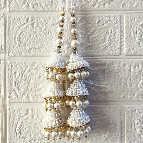 Adikala Craft Store Ethnic Nalki Cone Latkan Tassel Pack of 2 for Saree Pallu, Blouse, Suits, Dupatta, Lehenga Decor (White 3C) - Image 2