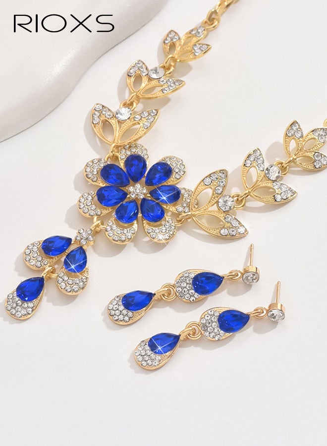 RIOXS Wedding Jewelry Sets for Brides, Rhinestone Necklace and Earring Set, Multi-colour Prom Jewelry Sets, Diamond Flower Teardrop Necklace for Women - Image 2