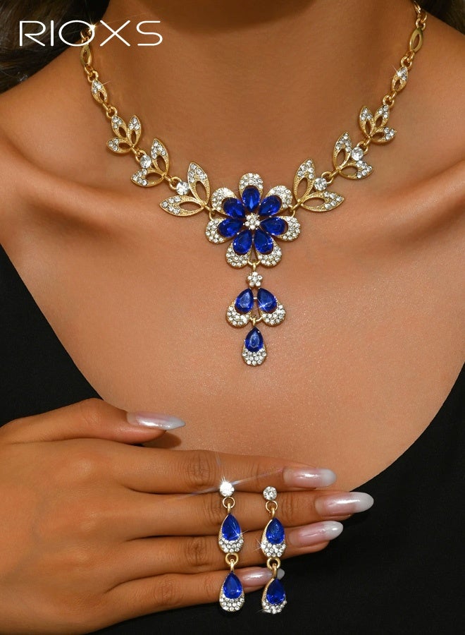 RIOXS Wedding Jewelry Sets for Brides, Rhinestone Necklace and Earring Set, Multi-colour Prom Jewelry Sets, Diamond Flower Teardrop Necklace for Women - Image 1