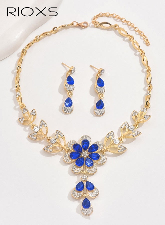 RIOXS Wedding Jewelry Sets for Brides, Rhinestone Necklace and Earring Set, Multi-colour Prom Jewelry Sets, Diamond Flower Teardrop Necklace for Women - Image 3