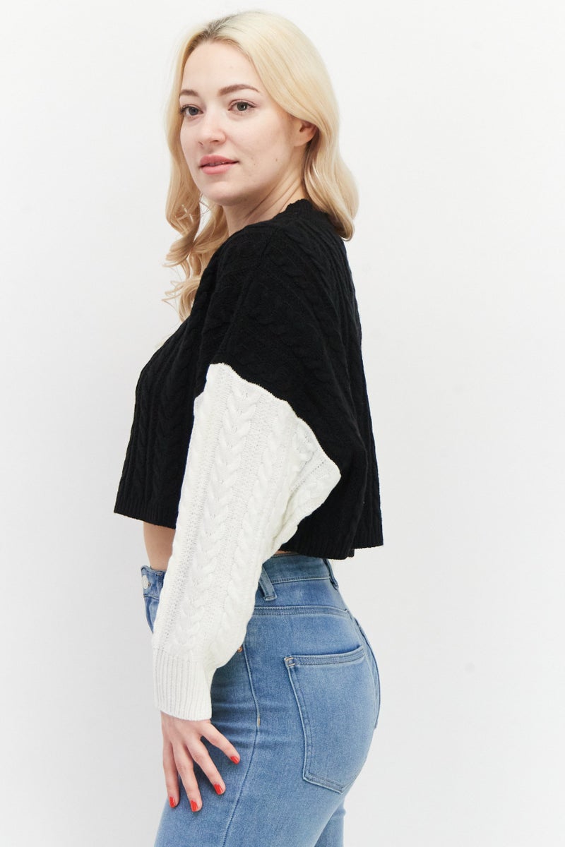 BRAVE SOUL Women Crew Neck Crochet Sweater, Black - Image 2