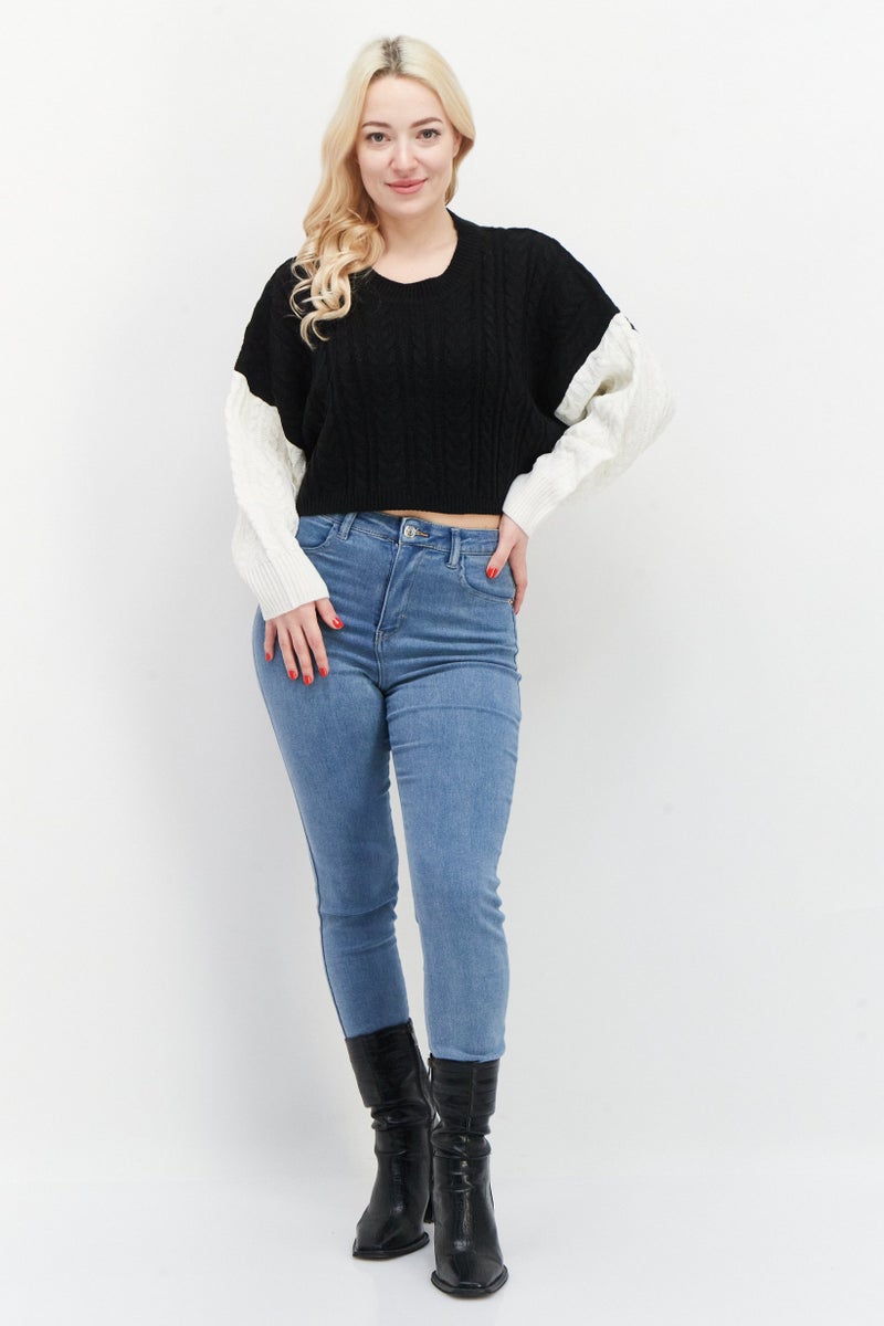BRAVE SOUL Women Crew Neck Crochet Sweater, Black - Image 4