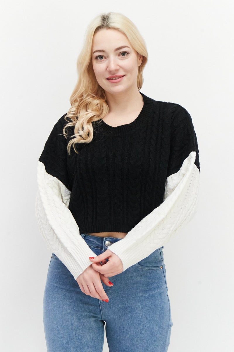 BRAVE SOUL Women Crew Neck Crochet Sweater, Black - Image 1