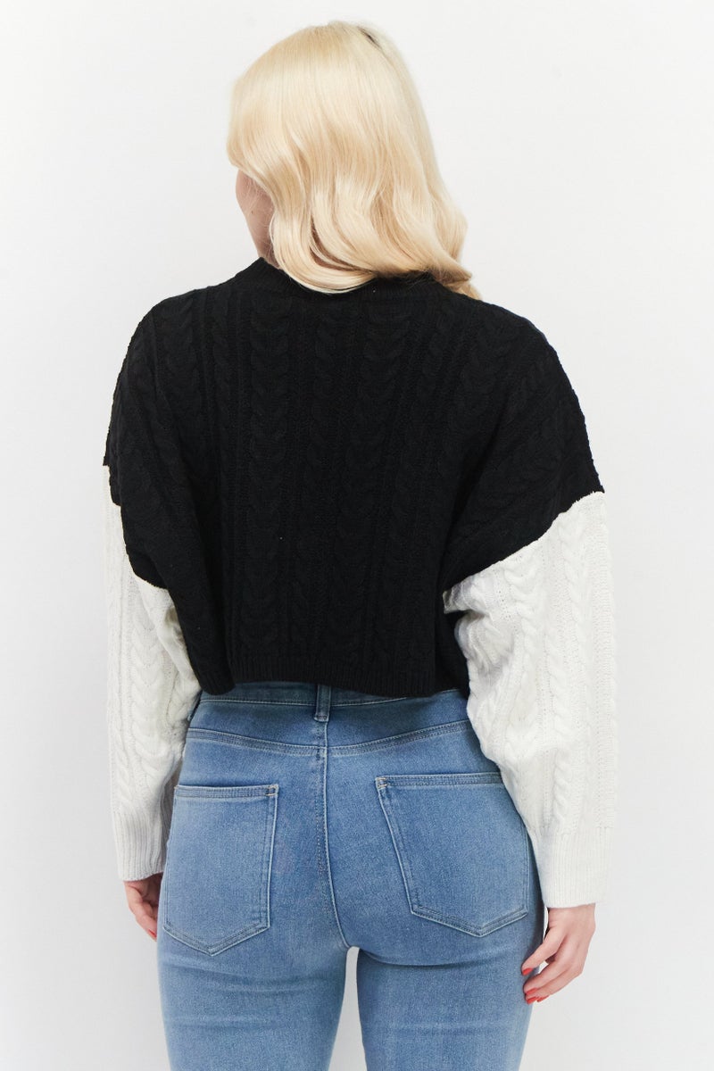 BRAVE SOUL Women Crew Neck Crochet Sweater, Black - Image 3
