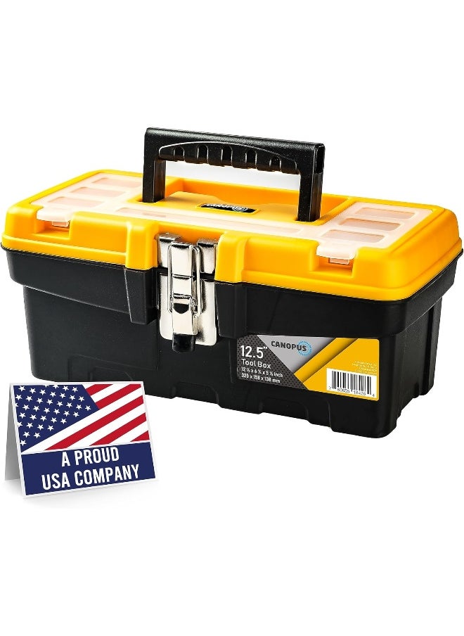 CANOPUS CANOPUS Plastic Toolbox, 13-inch Portable Tool Box with Metalic Clutch, Tool Organizer with Extra Storage Tray for Home Tools, Nails and Pins, Black-Yellow  - Image 1
