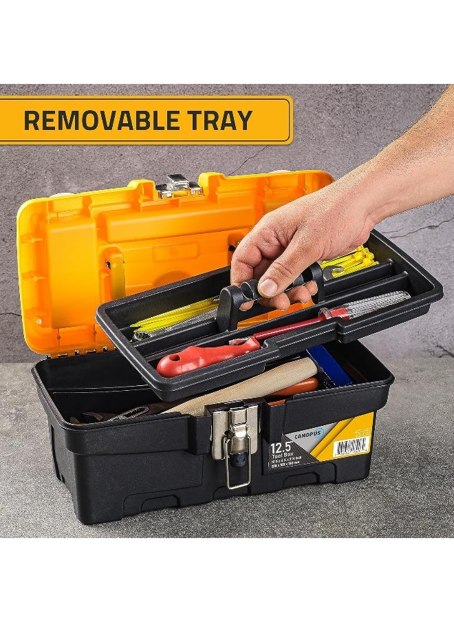CANOPUS CANOPUS Plastic Toolbox, 13-inch Portable Tool Box with Metalic Clutch, Tool Organizer with Extra Storage Tray for Home Tools, Nails and Pins, Black-Yellow  - Image 2