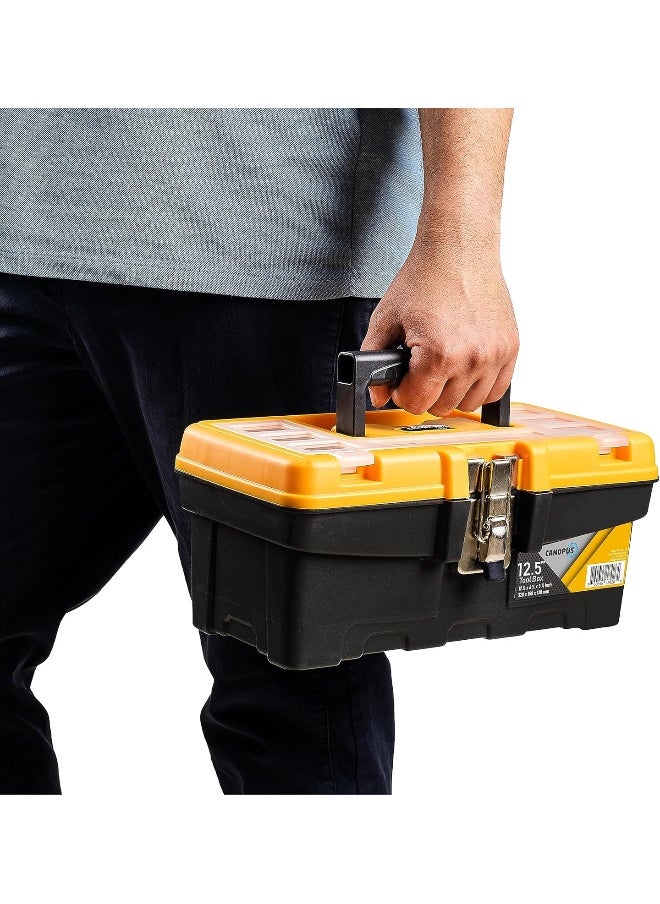 CANOPUS CANOPUS Plastic Toolbox, 13-inch Portable Tool Box with Metalic Clutch, Tool Organizer with Extra Storage Tray for Home Tools, Nails and Pins, Black-Yellow  - Image 5