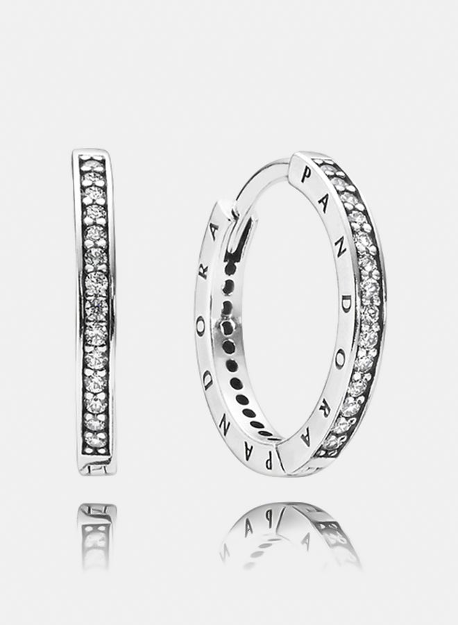 PANDORA Logo Silver Hoop Earrings with Cubic Zirconia 