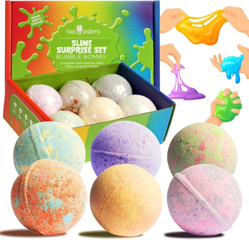 Bubble Bombs for Kids with Surprise Bath Slime Inside 6 Pack  Colorful Sensory Toys Inside for Boys  Girls  Fizzes Foams  Bubbles Fruity Scents Made in USA by Two Sisters