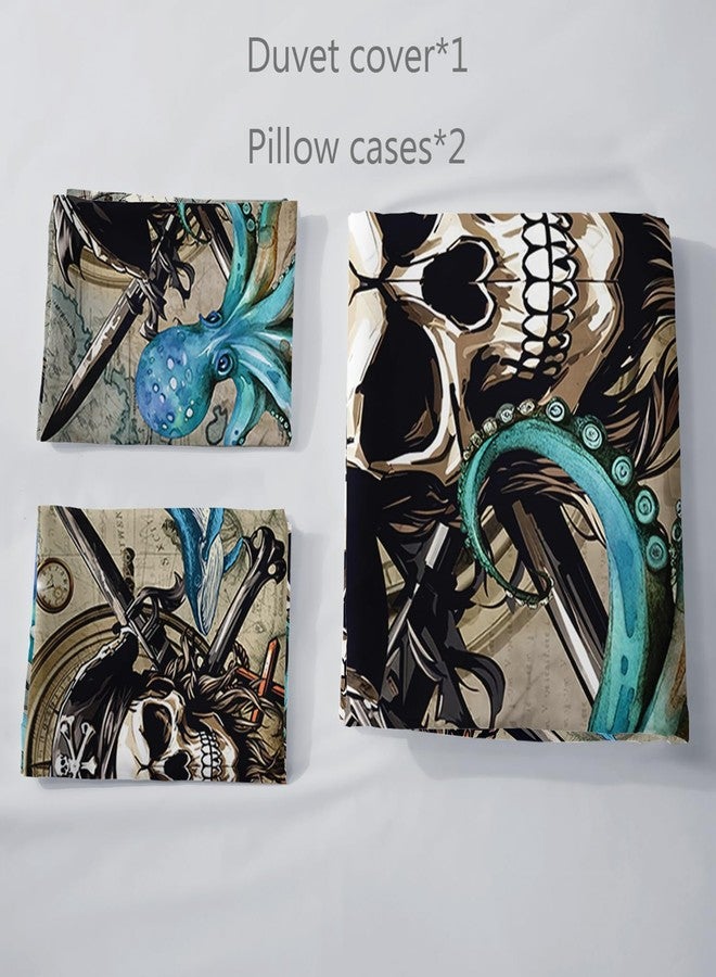 AILONEN 3D Pirate Captain Skull Duver Cover Set Full Size, Octopus Dolphin Bedding Set for Kids Boys Girls,Nautical Theme Comforter Cover,1 Quilt Cover and 2 Pillowcases,3PCS - Image 4