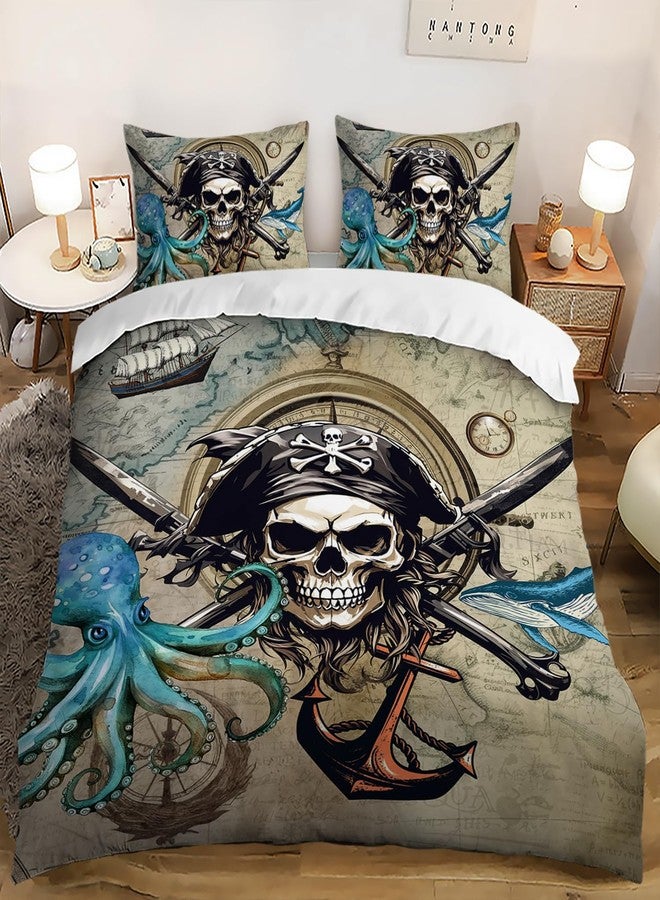 AILONEN 3D Pirate Captain Skull Duver Cover Set Full Size, Octopus Dolphin Bedding Set for Kids Boys Girls,Nautical Theme Comforter Cover,1 Quilt Cover and 2 Pillowcases,3PCS - Image 1