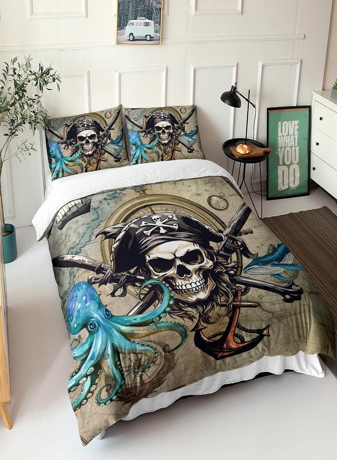 AILONEN 3D Pirate Captain Skull Duver Cover Set Full Size, Octopus Dolphin Bedding Set for Kids Boys Girls,Nautical Theme Comforter Cover,1 Quilt Cover and 2 Pillowcases,3PCS - Image 2