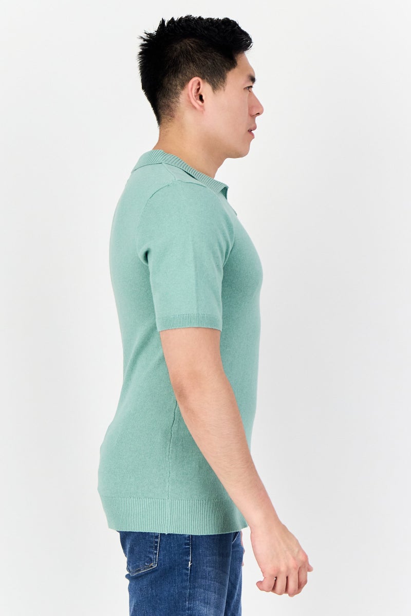 Threadbare Men Regular Fit Knitted Short Sleeve Polo Shirt, Light Green - Image 2