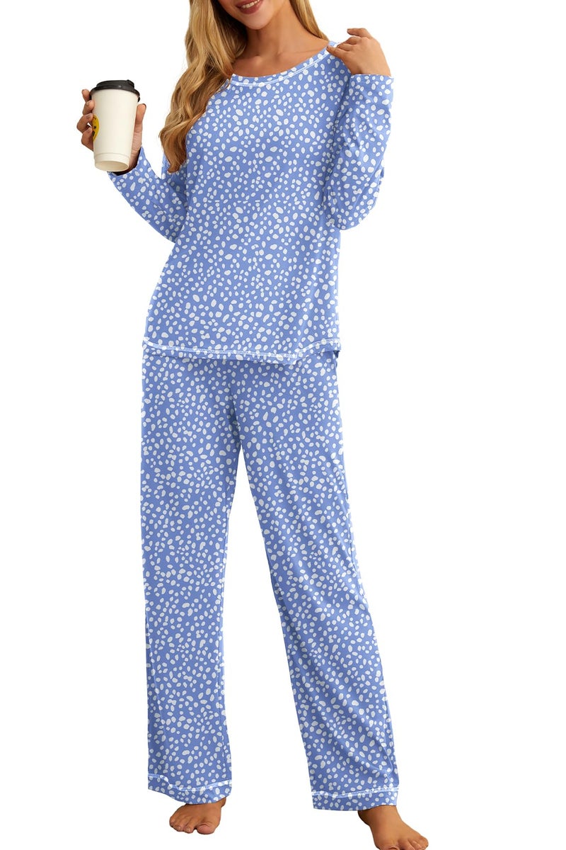 PrinStory Womens Pajama Set 2025 Lounge Sets Long Sleeve Sleepwear Soft 2 Piece Pjs with Pockets FPSpot BlueS