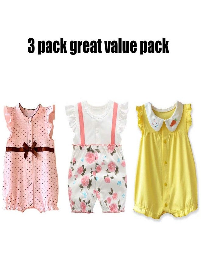 OLLULL Baby Girls' One-Piece Rompers, Infant Cotton Summer Clothes 3-6 Months, Pack of 3 - Image 2