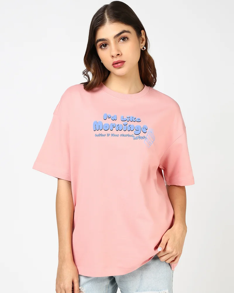 بيواكوف Women's Mellow Rose Pink Brewtiful Life Graphic Printed Oversized T-shirt