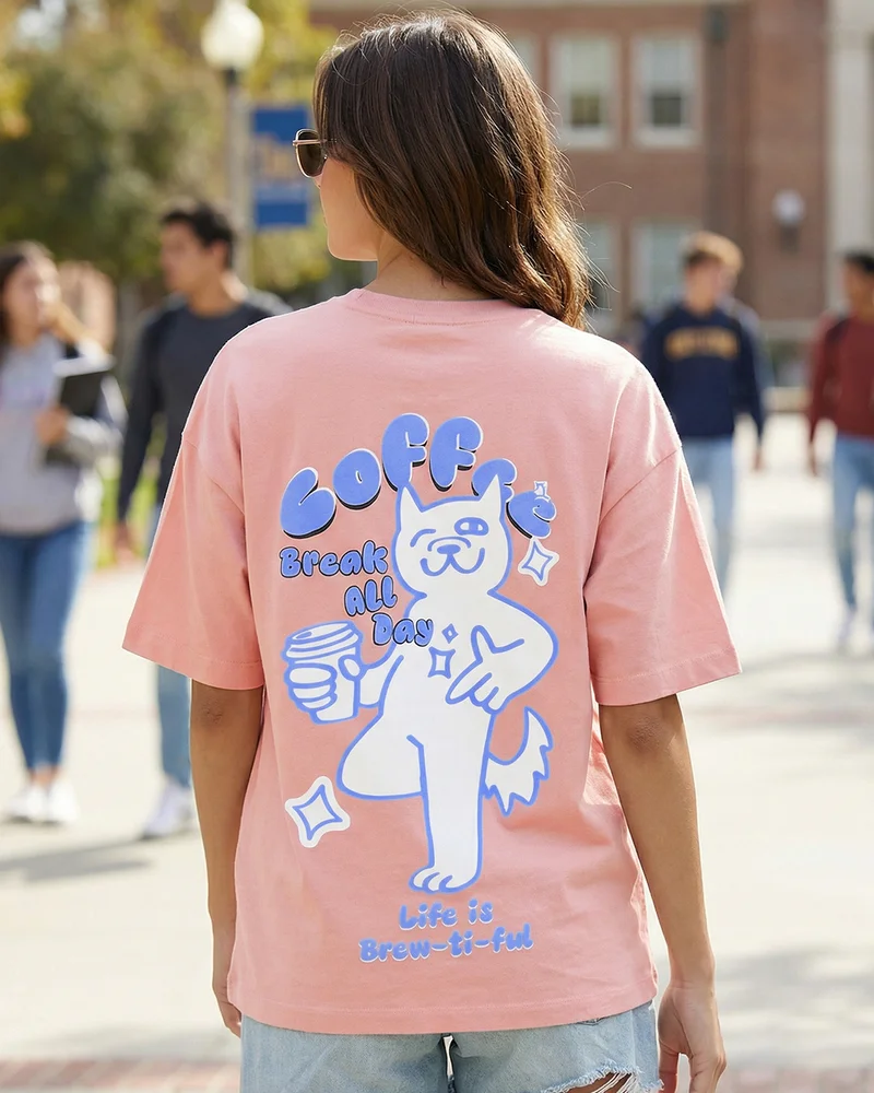 بيواكوف Women's Mellow Rose Pink Brewtiful Life Graphic Printed Oversized T-shirt