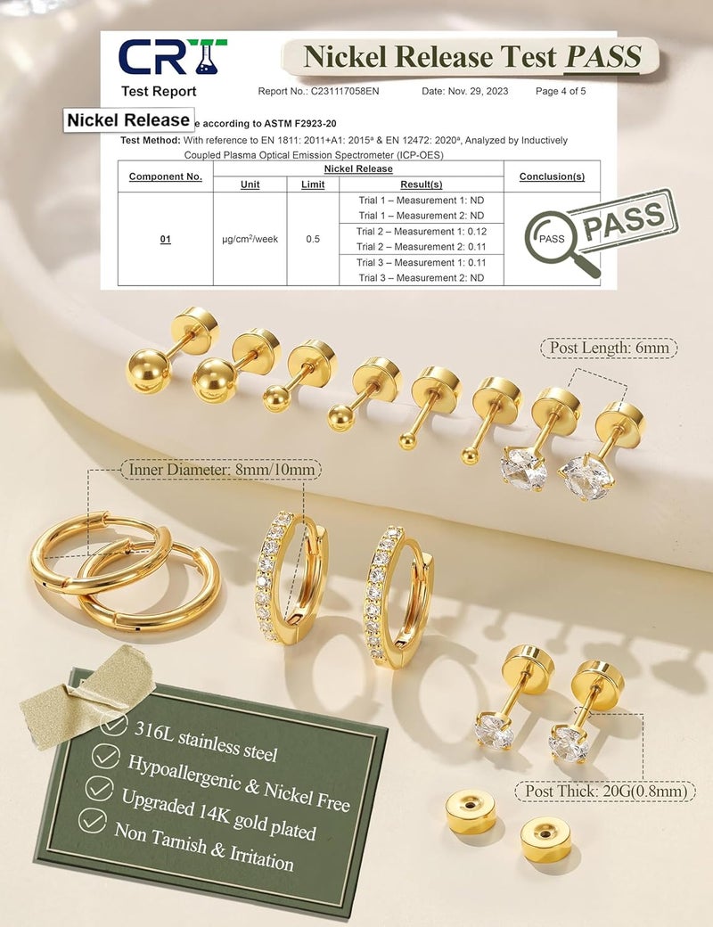 Jstyle Ear jewellery for sensitive ears, hypoallergenic surgical steel, 14K gold, flat back, women, men, small stainless steel stud ring, cartilage set, various piercings - Image 5