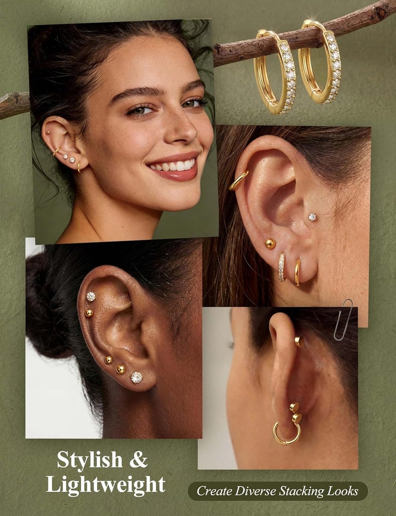 Jstyle Ear jewellery for sensitive ears, hypoallergenic surgical steel, 14K gold, flat back, women, men, small stainless steel stud ring, cartilage set, various piercings - Image 4
