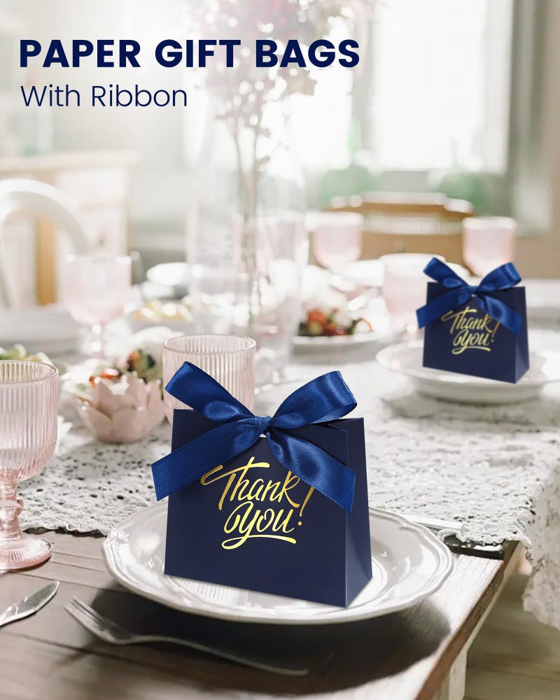 DOYIDE 30 Pack Small Thank You Gift Bags, 4.5x1.8x3.9in Party Favor Bags with Bow Ribbon, Mini Paper Gift Bag with Gold Foil Printed, Blue Treat Boxes for Birthday Wedding Bridal Baby Shower - Image 5