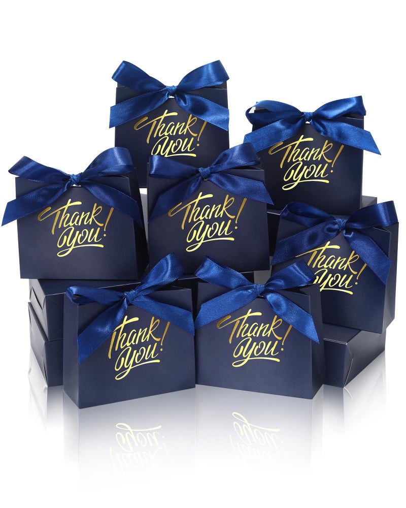 DOYIDE 30 Pack Small Thank You Gift Bags, 4.5x1.8x3.9in Party Favor Bags with Bow Ribbon, Mini Paper Gift Bag with Gold Foil Printed, Blue Treat Boxes for Birthday Wedding Bridal Baby Shower - Image 1