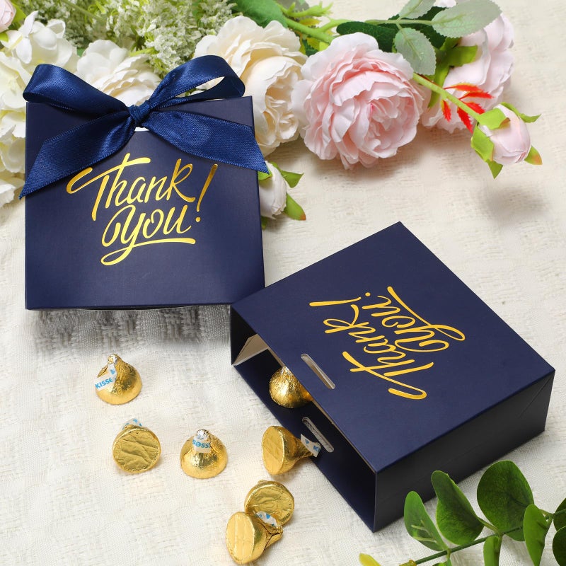 DOYIDE 30 Pack Small Thank You Gift Bags, 4.5x1.8x3.9in Party Favor Bags with Bow Ribbon, Mini Paper Gift Bag with Gold Foil Printed, Blue Treat Boxes for Birthday Wedding Bridal Baby Shower - Image 2