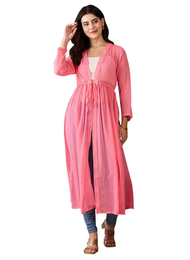 StyleStone Stylestone Pink Solid Chiffon Ruched Waist Shrug