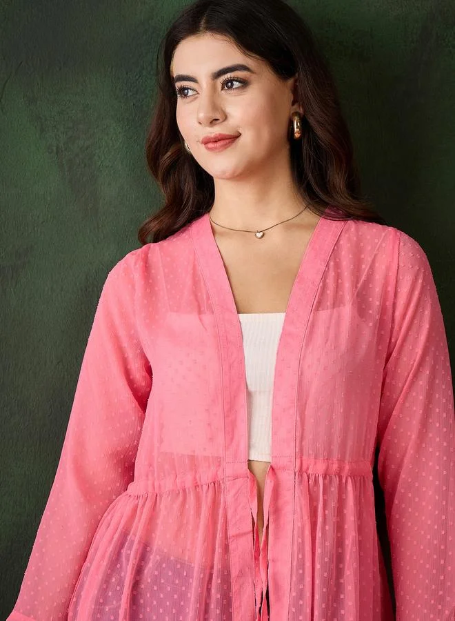 StyleStone Stylestone Pink Solid Chiffon Ruched Waist Shrug