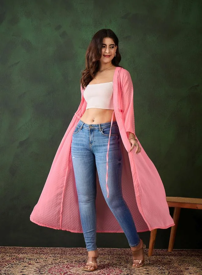 StyleStone Stylestone Pink Solid Chiffon Ruched Waist Shrug