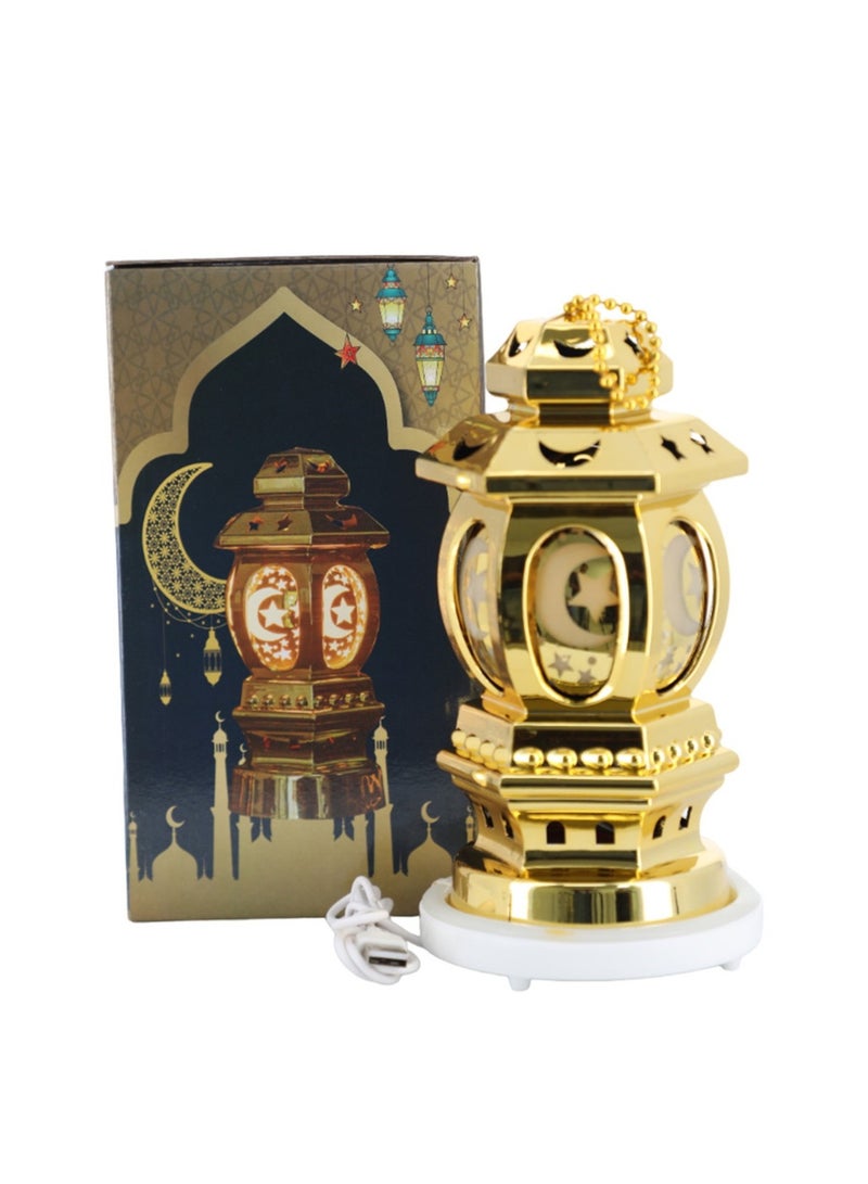 كرة مضيئة مزخرفة على شكل فانوس رمضان بارتفاع 10 سم - أضواء زينة رمضان للمنزل، فانوس رمضان مزخرف ذهبي يعمل بالطاقة USB - Image 1