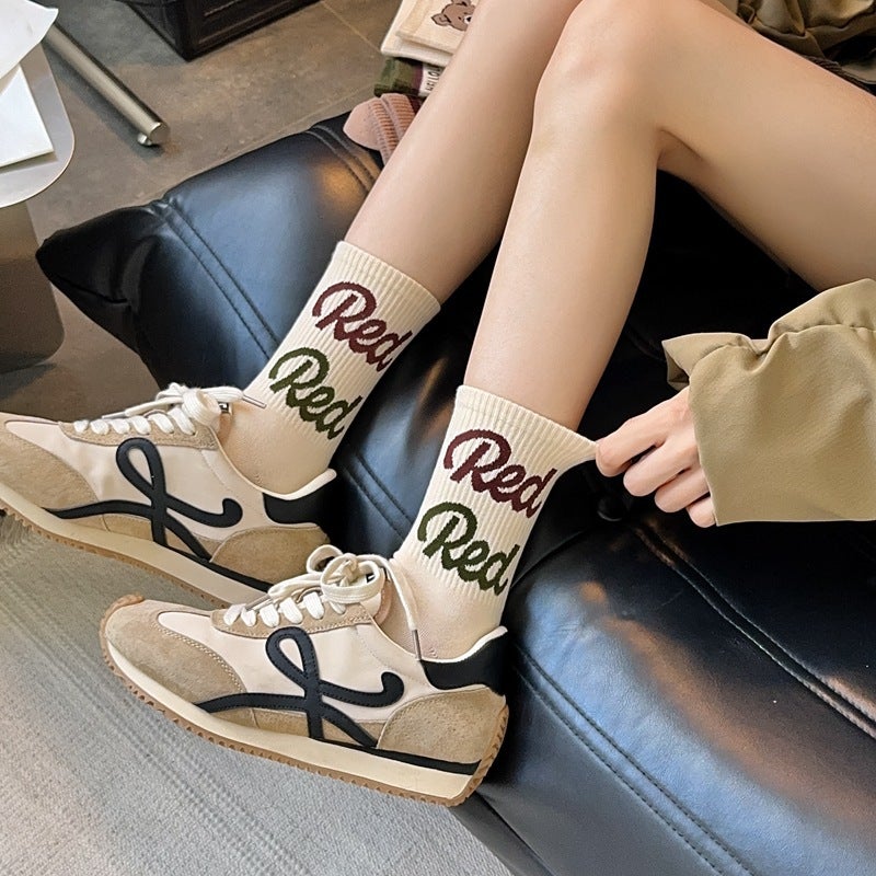 American College Style Cartoon Bear Mid-Calf Socks for Women Stripes  - Image 4