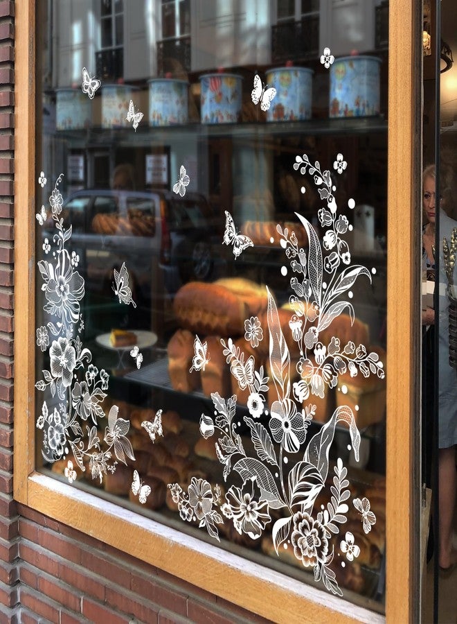 Supzone ملصقات نوافذ على شكل فراشات وزهور بيضاء من سوبزون، ملصقات زهور ربيعية صيفية، ملصقات نوافذ مضادة للصدمات، ملصقات نوافذ ثابتة، زينة زجاجية - Image 3