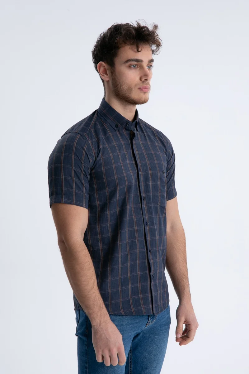 Varetta Men's Navy Blue Short Sleeve Checked Pocket Collar Buttoned Shirt