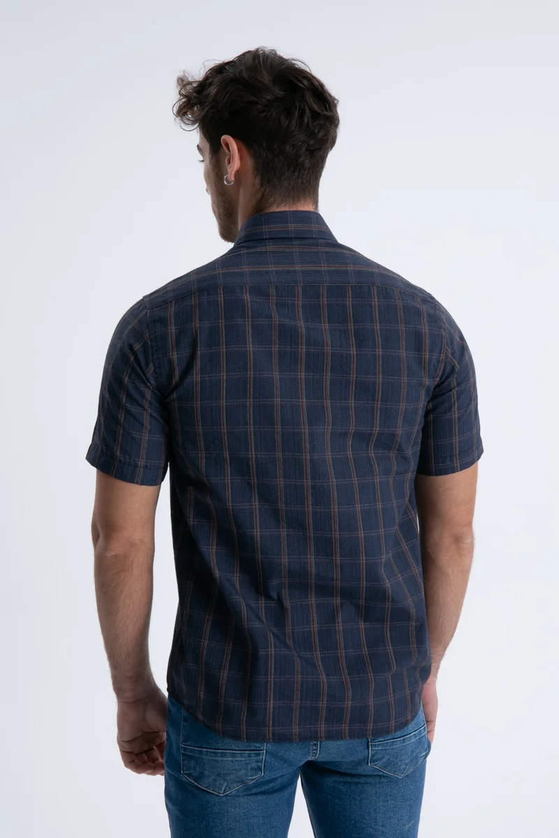Varetta Men's Navy Blue Short Sleeve Checked Pocket Collar Buttoned Shirt