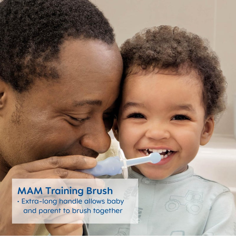 MAM Learn to Brush Set (1 Baby's Brush Toothbrush, 1 Training Brush, 1 Safety Shield), Baby Toothbrushes with Brushy The Bear, Interactive App, for Boys 5+ Months, Blue - Image 4