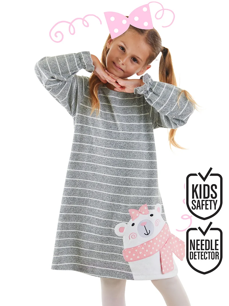 دينوكيدس دب دمية فتاة فستان مخطط رمادي