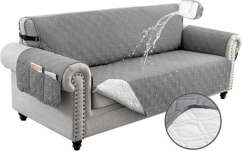INFOSUN Couch Cover, Waterproof Sofa Covers, Cushion Protector with Non-Skid Backing & Elastic Straps, Dog Couch Cover Protector for 1/2/3/4 Seater, Covers for Dogs Pets Kids(3 Seater Sofa, Grey) - Image 1