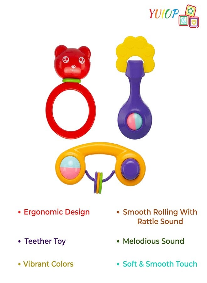 YUIOP - Rattle Set & Teether Toy - Ergonomic Grip - Melodious Sound - Smooth Rolling - Baby Toys - Attractive Colors - Baby Safe (3 Pcs (Combo 1)) - Image 4