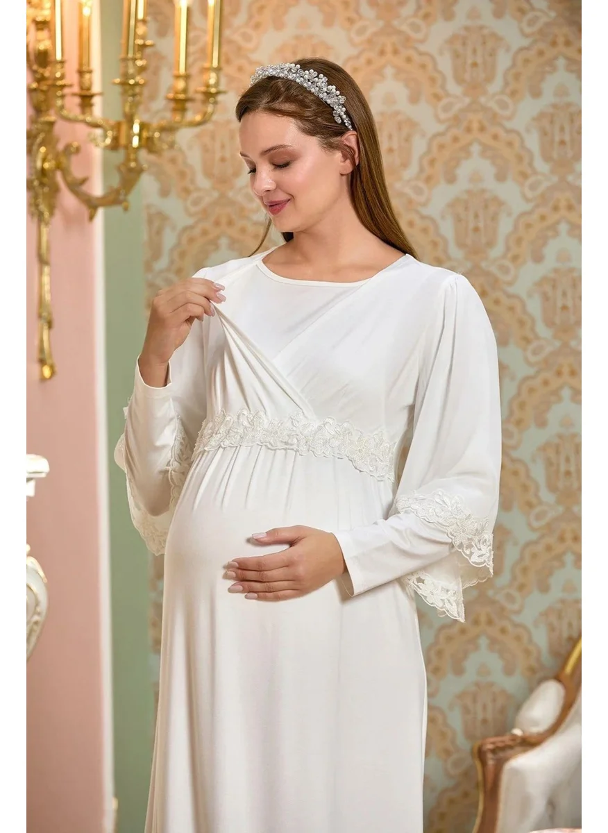 Cossy By Aqua 25121 Women's Lace Long Sleeve Double Breasted Hijab Maternity Nightgown-Cream