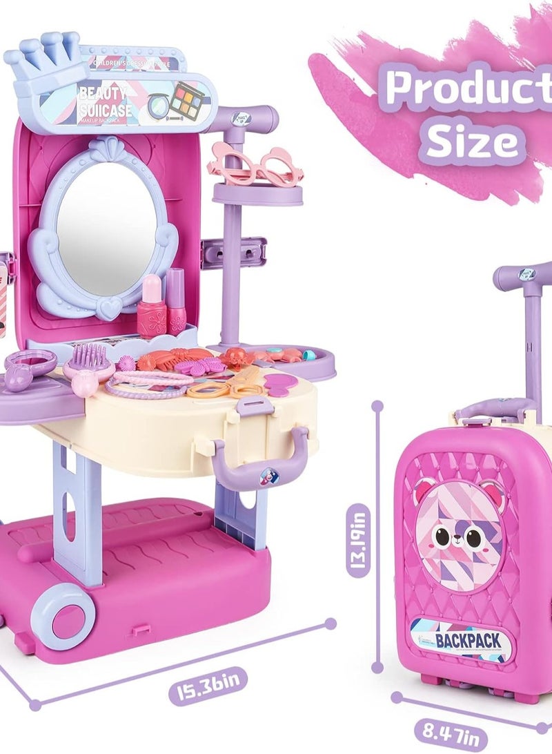 2 in 1 Makeup Table for Toddler Girls Vanity & Suitcase Set with Fashion Accessories Pretend Play Travel Suitcase Fashion Beauty Set for Girls  - Image 2