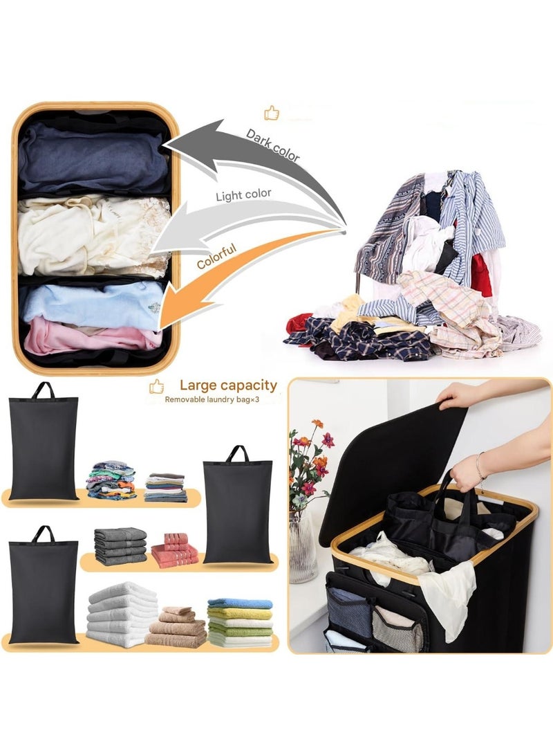 Laundry Hamper 3 Section With Side Pocket, Dirty Clothes Hamper with Lid, Large Laundry Basket with Bag, Laundry Basket Organizer for Bedroom, Laundry Room, Hamper 3 Compartment - Image 5