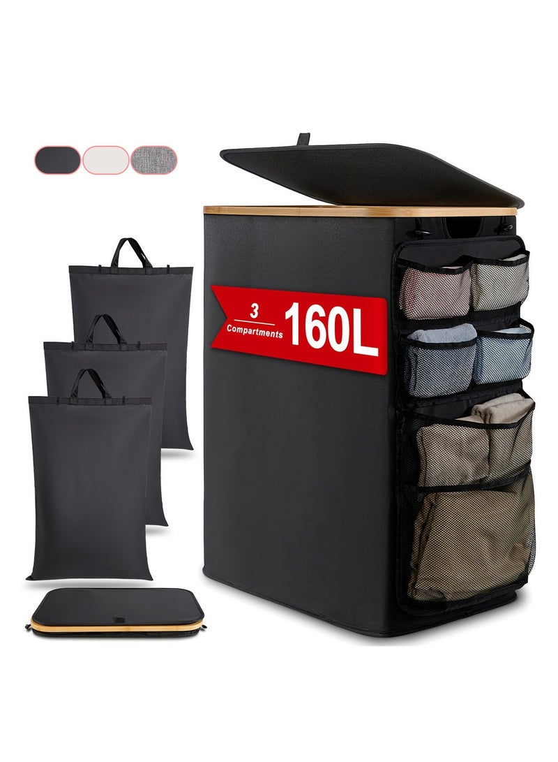 Laundry Hamper 3 Section With Side Pocket, Dirty Clothes Hamper with Lid, Large Laundry Basket with Bag, Laundry Basket Organizer for Bedroom, Laundry Room, Hamper 3 Compartment - Image 1