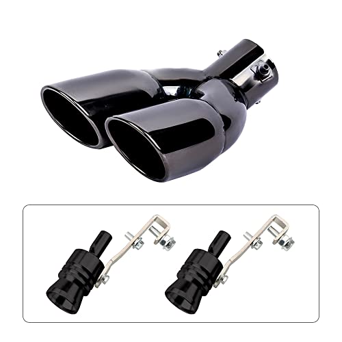 Sakali 2.5 inch Inlet Dual Exhaust Tip Stainless Steel Polished Muffler Tail Universal Bolt-On Double Outlet Tail Pipe with 2 Aluminum Turbo Sound Whistle (Black,Curved) - Image 1