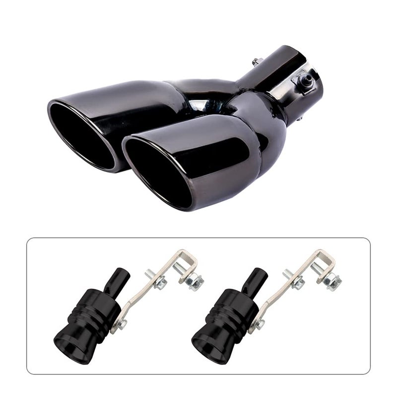 Sakali 2.5 inch Inlet Dual Exhaust Tip Stainless Steel Polished Muffler Tail Universal Bolt-On Double Outlet Tail Pipe with 2 Aluminum Turbo Sound Whistle (Black,Curved) - Image 4