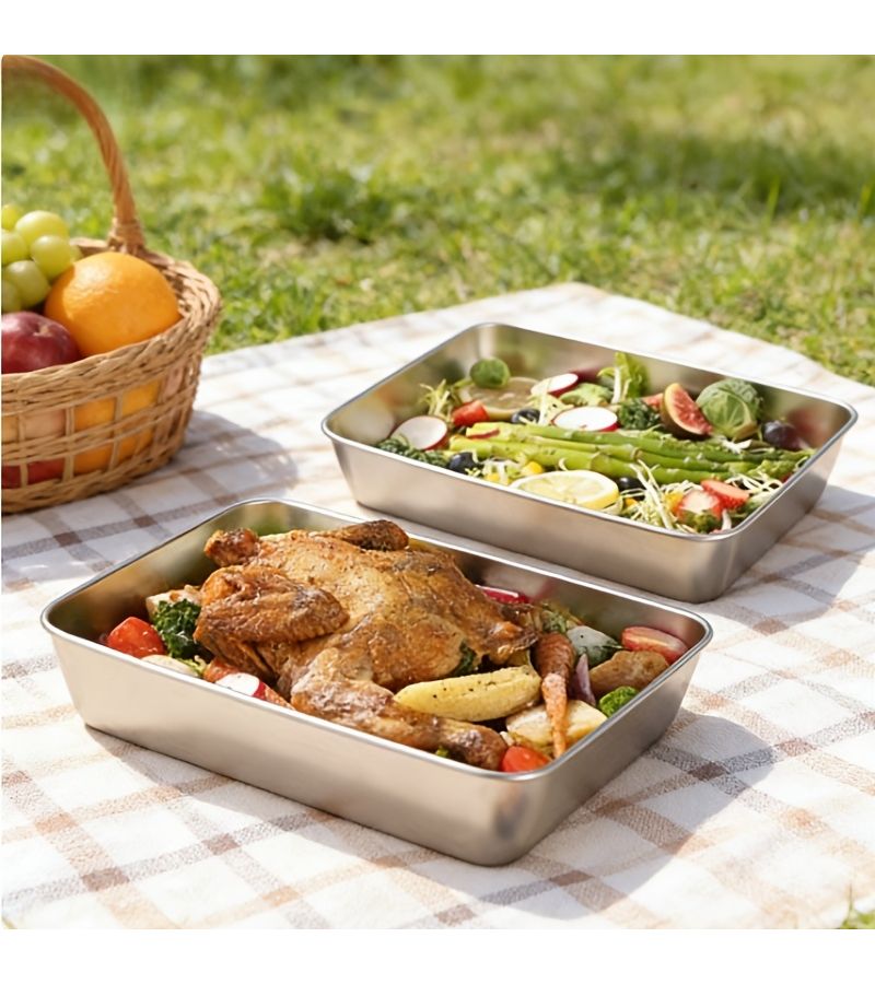 2pcs Household Stainless Steel Serving Platters Thickened Style For Desserts Cold Dishes And Appetizers With Tiramisu Platter And Free Sealing Fresh Keeping Container - Image 3